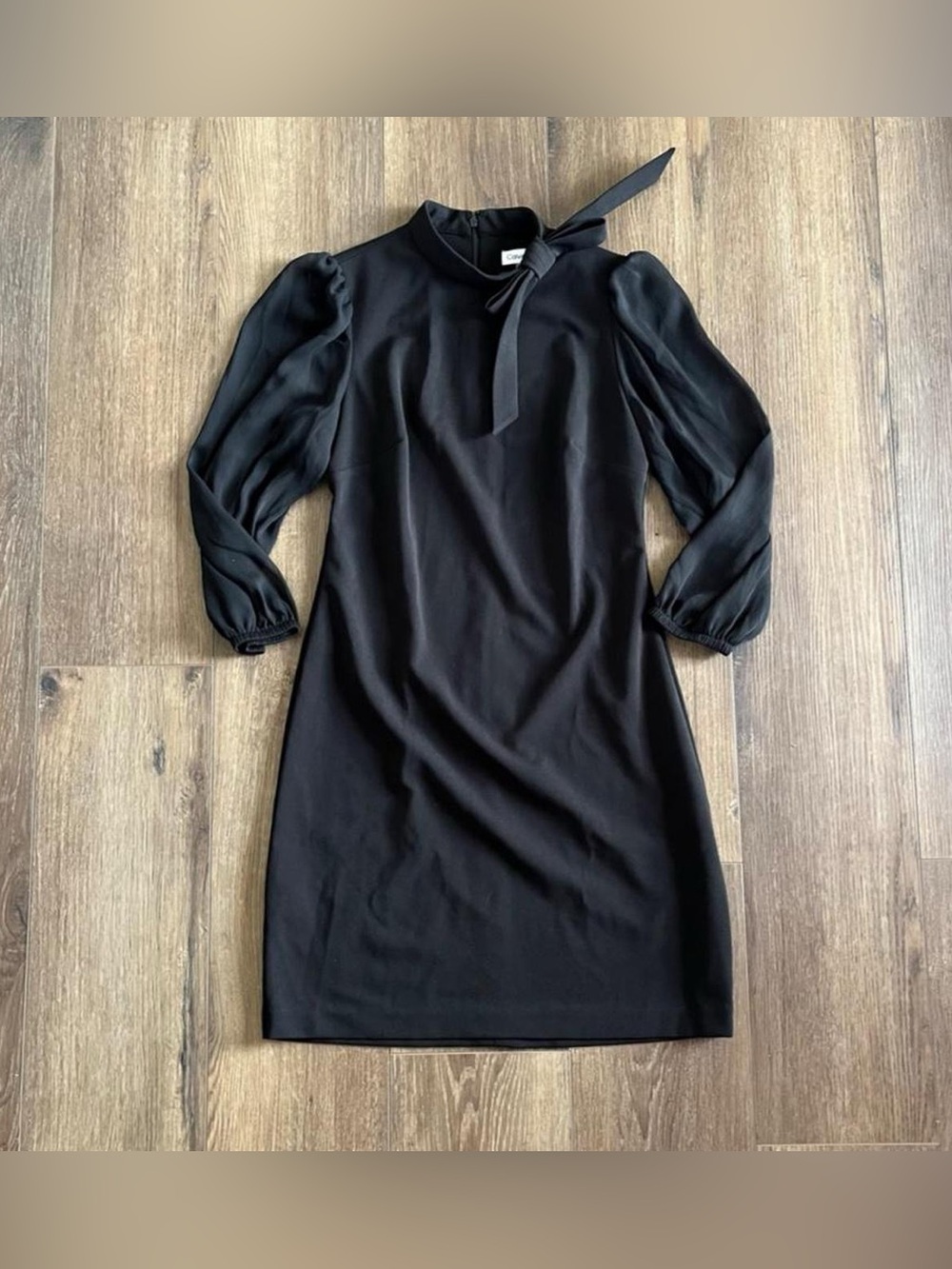 Calvin Klein Black Dress with Puffy Chiffon Sleeves and Tie detail at neck